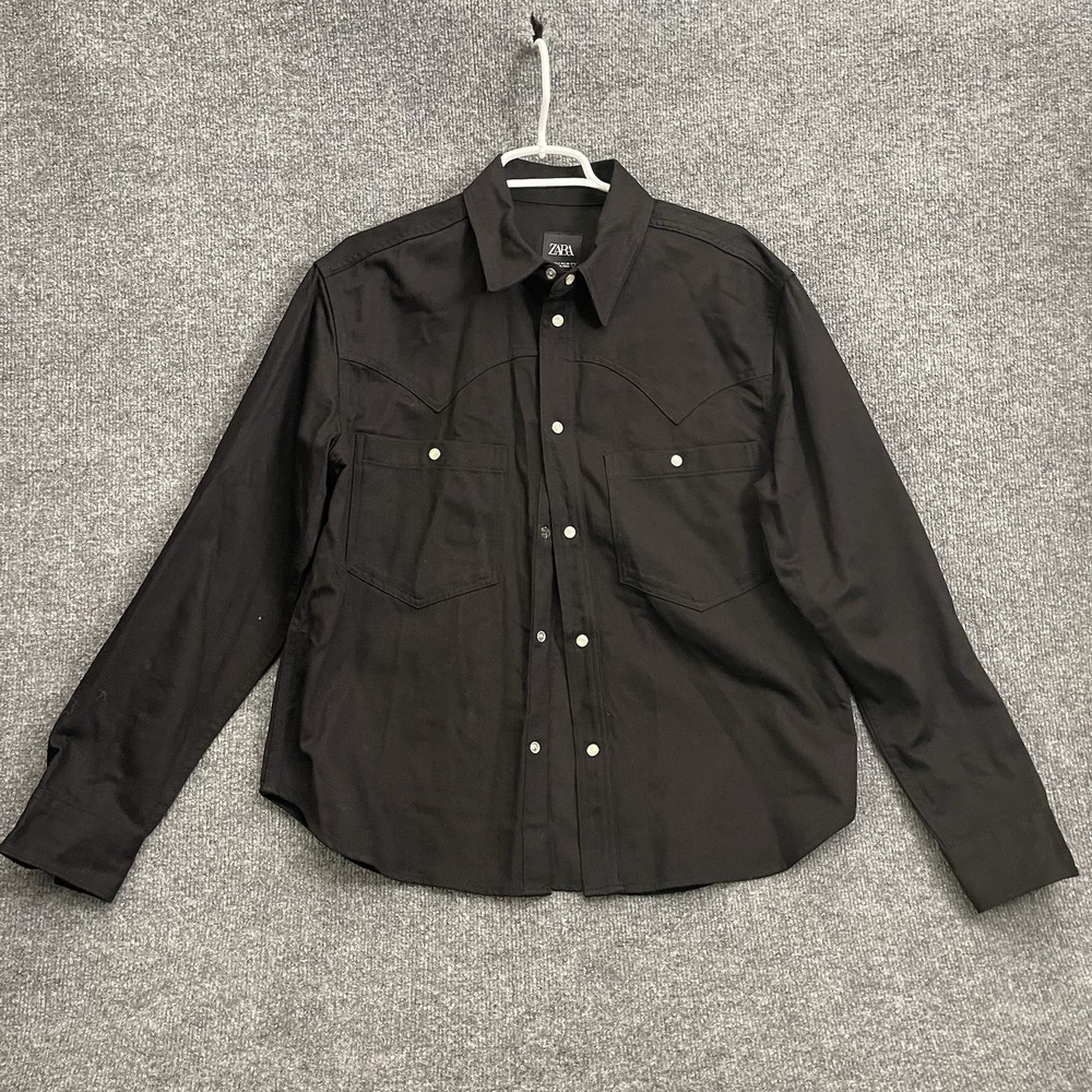 Zara Button Front Western Shirt Mens Sz S Black Long Sleeve